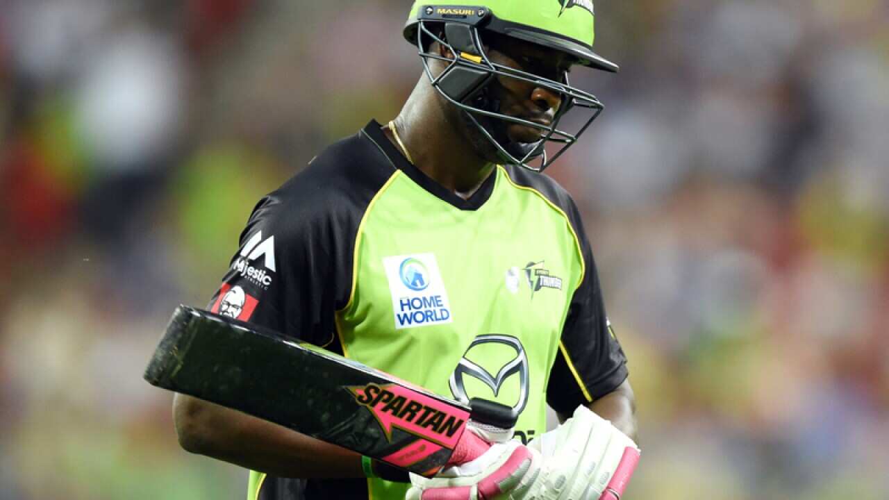 Sydney Thunder allrounder Andre Russell with his black bat