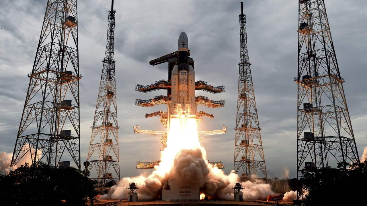 The Geosynchronous Satellite launch Vehicle (GSLV) MkIII carrying Chandrayaan-2 in lift off.