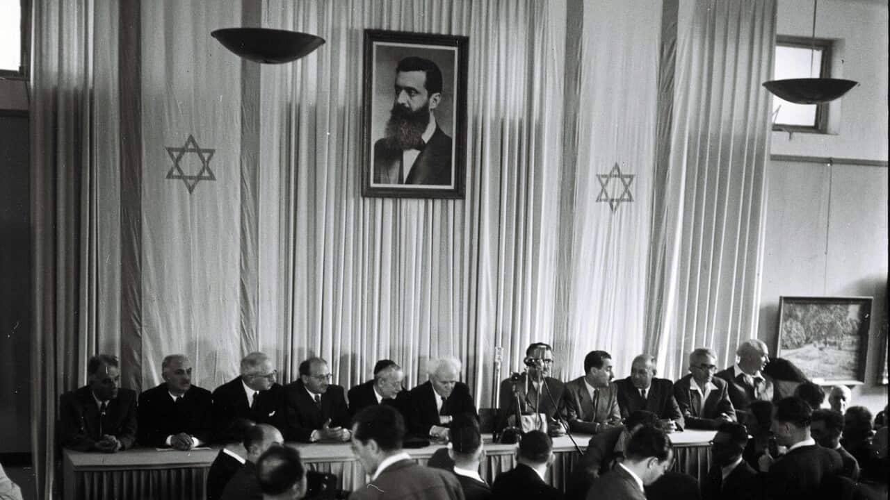 The Israeli Declaration of Independence made on the 14 May 1948, the British Mandate terminating soon afterwards at midnight (Getty).