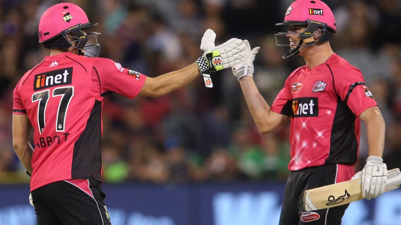 Sean Abbott (L) and Ben Dwarshuis celebrate