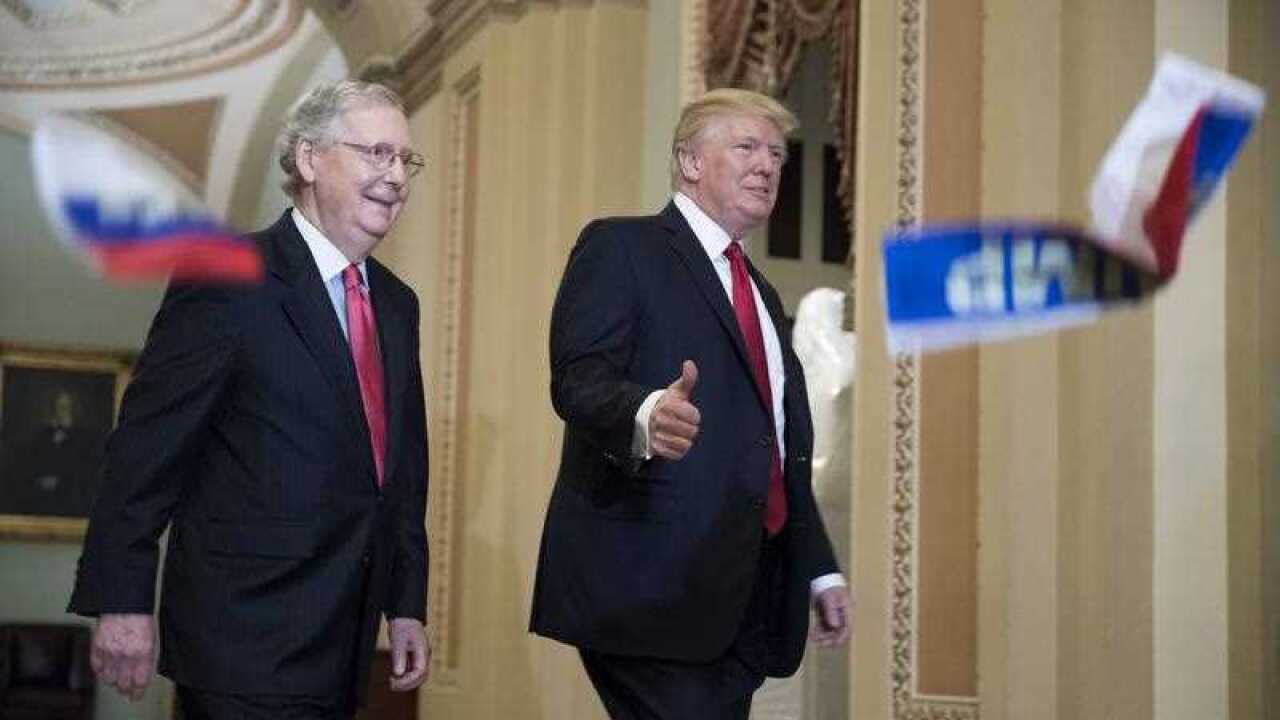 Small Russian flags bearing the word "Trump" are thrown by a protester toward President Donald Trump, as he walks with Senate Majority Leader Mitch McConnell.