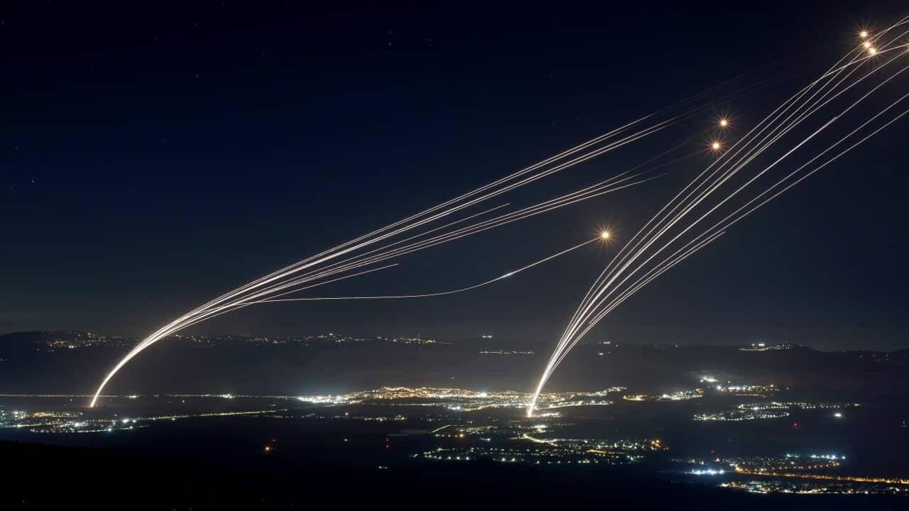 Projectiles fired from the Israeli Iron Dome air defense system to intercept missiles fired from southern Lebanon, over the upper Galilee, northern Israel, early 04 August 2024.