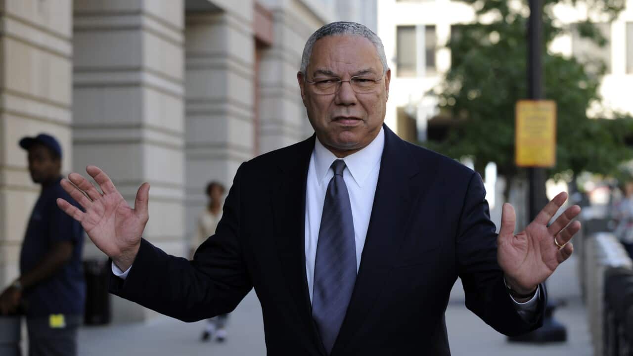 Former Secretary of State Colin Powell leaves federal court in Washington, Friday, Oct. 10, 2008, after testifying at the corruption trial of Sen. Ted Stevens, R-Alaska. (AP Photo/Susan Walsh)