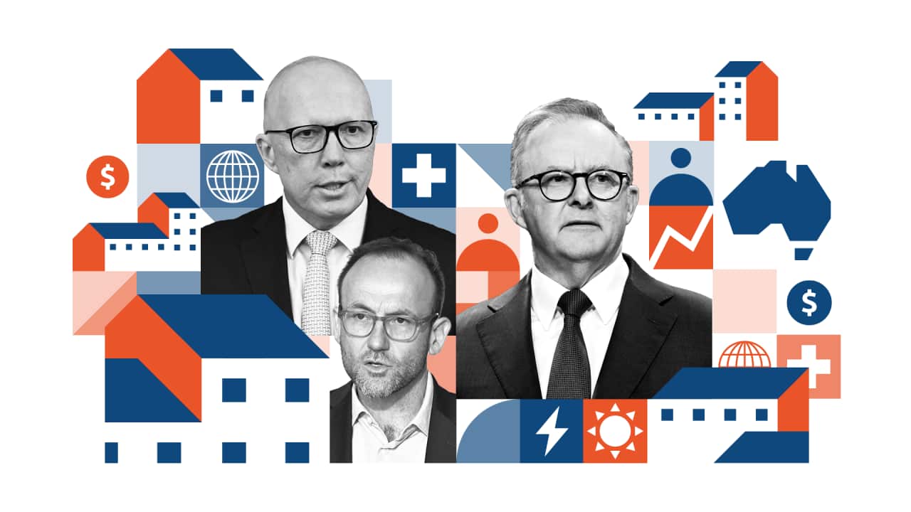 A stylised image featuring three men wearing glasses are superimposed against the backdrop of different shapes representing political issues including housing, energy and immigration.
