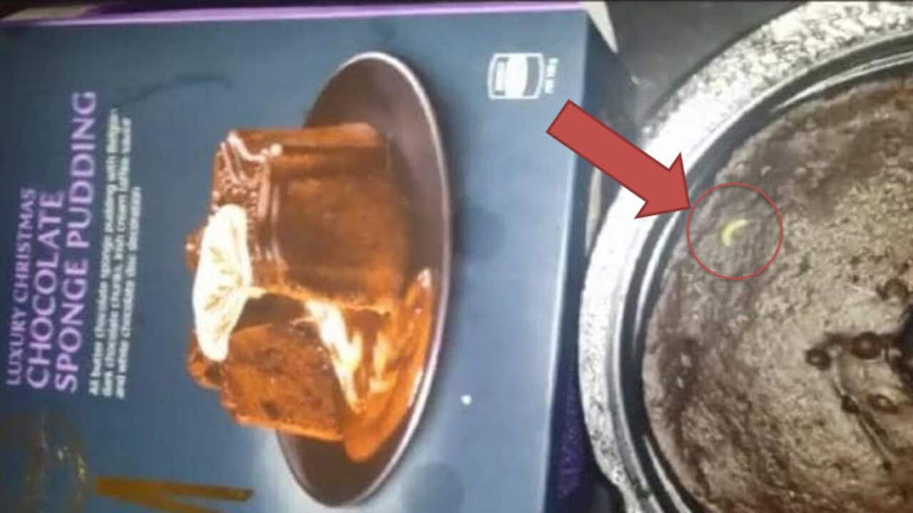 The product's packaging and the maggots that she allegedly found wriggling on the top of the dessert