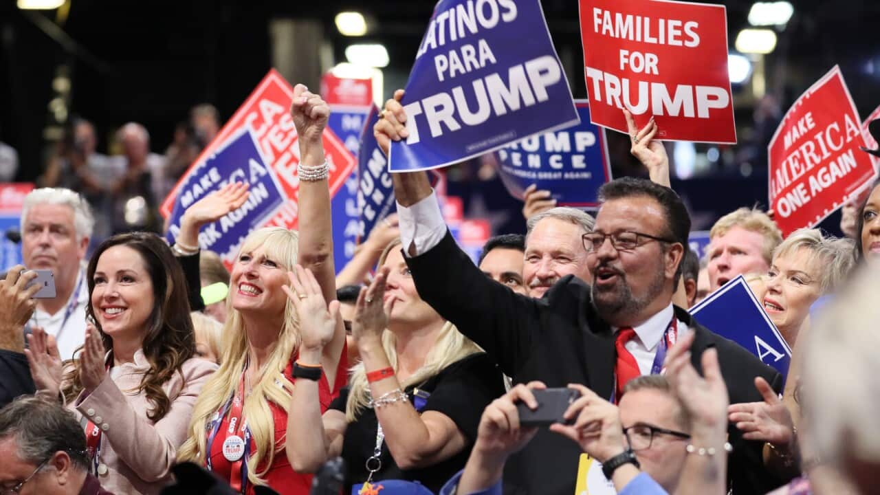 Delegates celebrate after Republican U.S. presidential candidate Donald Trump giave his acceptance speech on the final day of the Republican National Convention