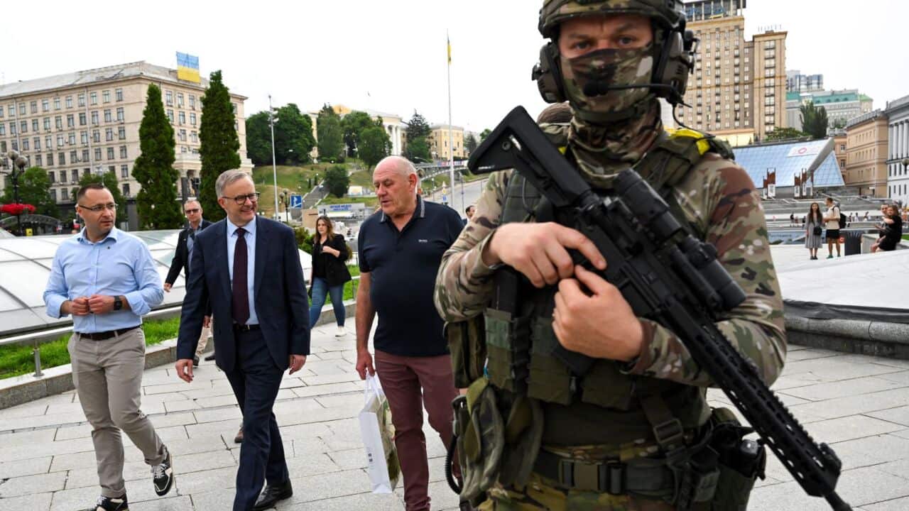 總理艾巴尼斯在事前保密下,到訪烏克蘭首都基輔。2022年7月3日。