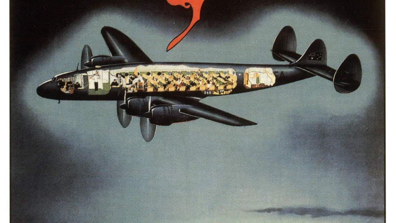Advertisement for Qantas kangoroo service, postcard, c. 1949