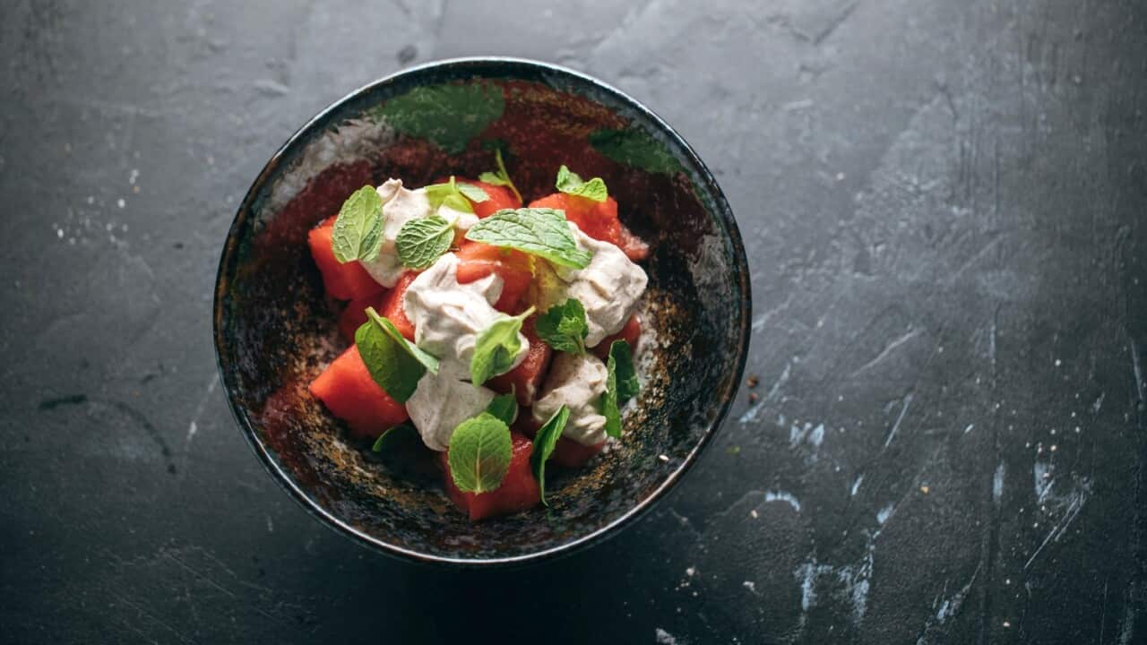 Watermelon salad, rosewater and cinnamon labneh