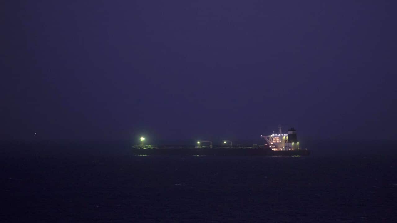 A supertanker hosting an Iranian flag is seen on the water in the British territory of Gibraltar.
