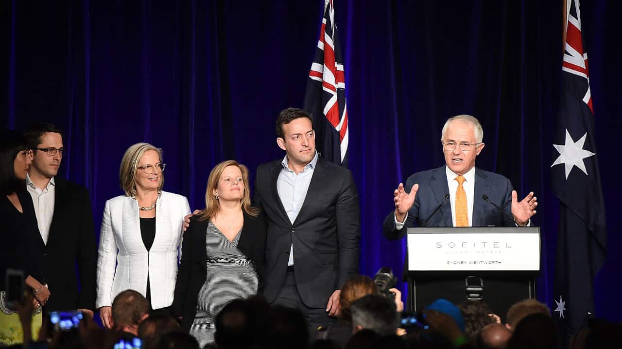 Prime Minister Malcolm Turnbull addresses members of the Liberal Party as son Alex (second left) wife Lucy, daughter Daisy and son-in-law James Brown (at rear) react at the Liberal Party election night event at the Sofitel Wentworth Hotel, in Sydney, Aust
