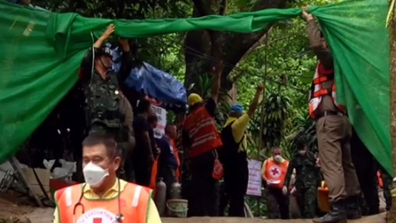 Emergency workers at the cave site in Chiang Rai, Thailand