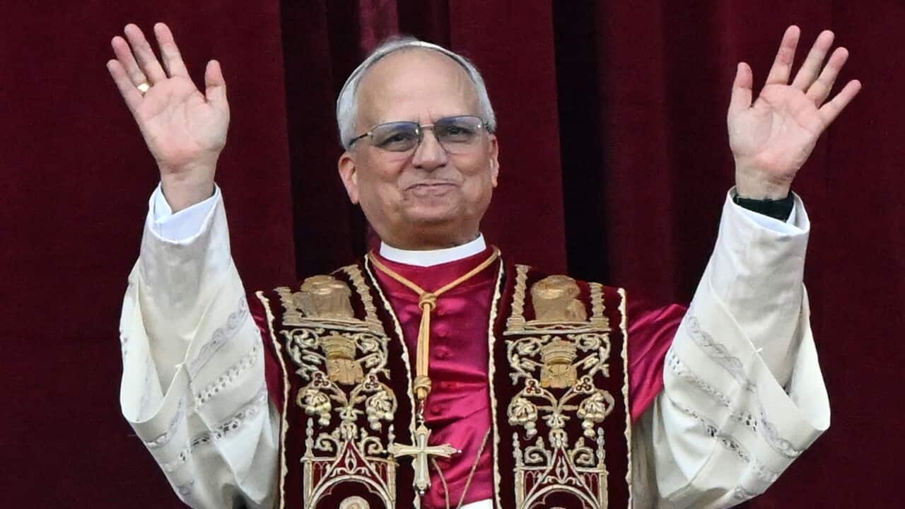ITALY - NEWLY ELECTED POPE LEO XIV , ROBERT PREVOST APPEARS AT THE CENTRAL LOGGIA BALCONY OF THE ST PETER'S BASILICA FOR THE FIRST TIME , AFTER THE CARDINALS ENDED THE CONCLAVE IN THE VATICAN - 2025/5/8