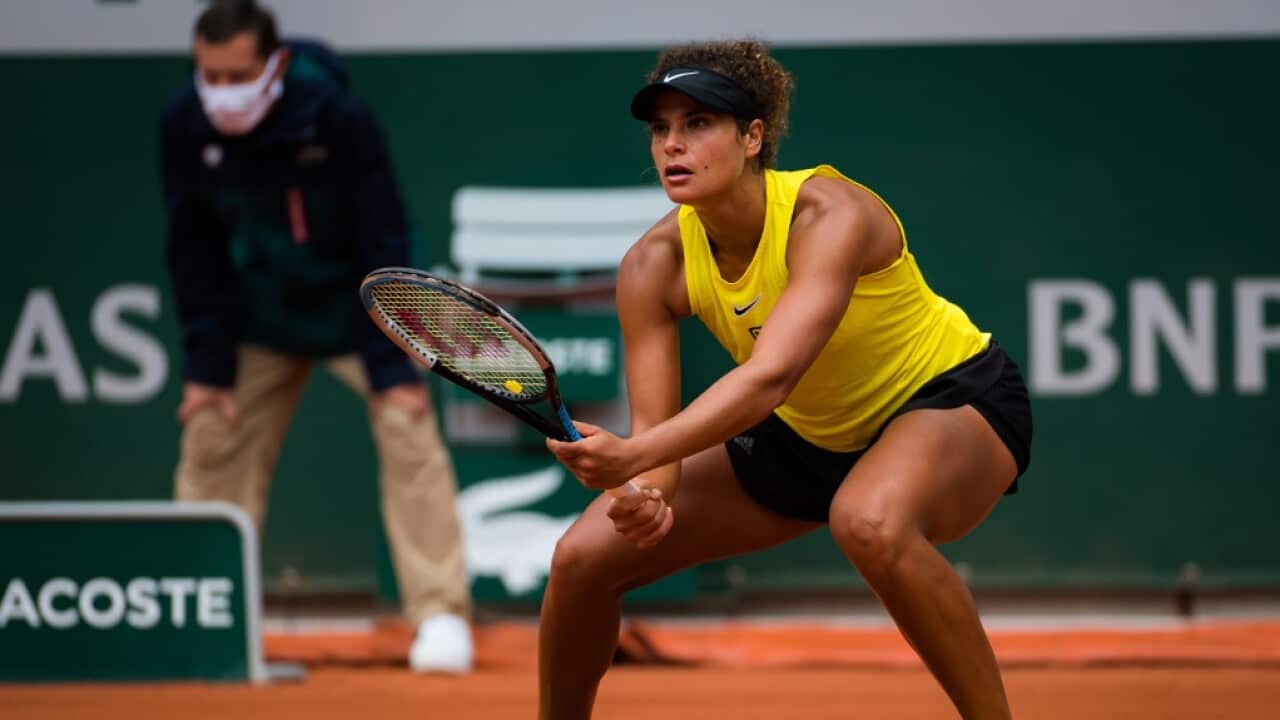 Mayar Sherif of Egypt in action against Karolina Pliskova of the Czech Republic during the first round at the Roland Garros 2020