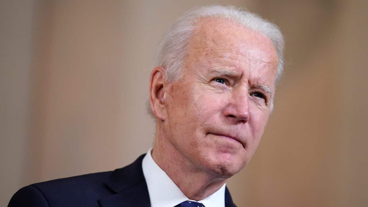 US President Joe Biden speaks Tuesday, 20 April, 2021, at the White House in Washington.