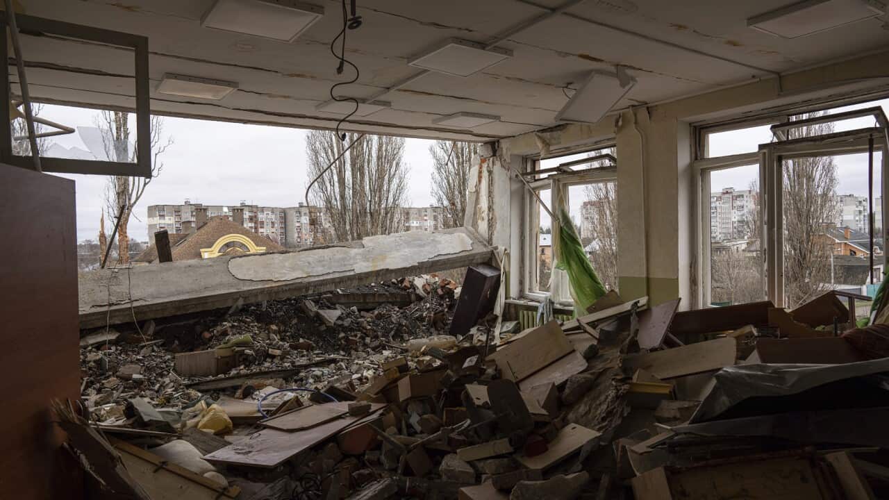 A view of a school damaged by an airstrike by Russian forces in Chernihiv, Ukraine, Wednesday, April 13, 2022. (AP Photo/Evgeniy Maloletka)