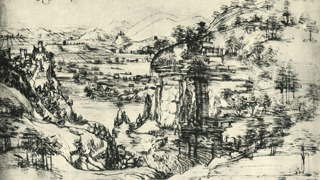 Il disegno a penna di Leonardo conosciuto come Santa Maria della Neve, realizzato da Leonardo il 5 agosto del 1473.