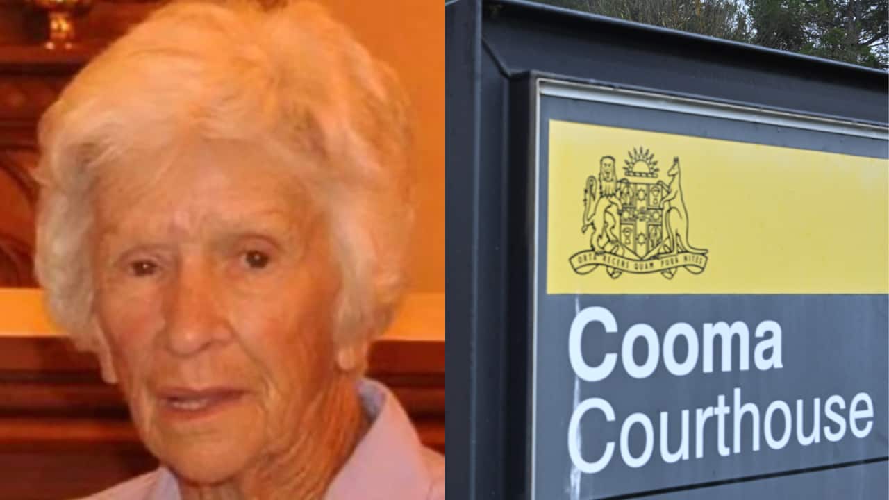 A composite image of Clare Nowland and the Cooma Courthouse sign