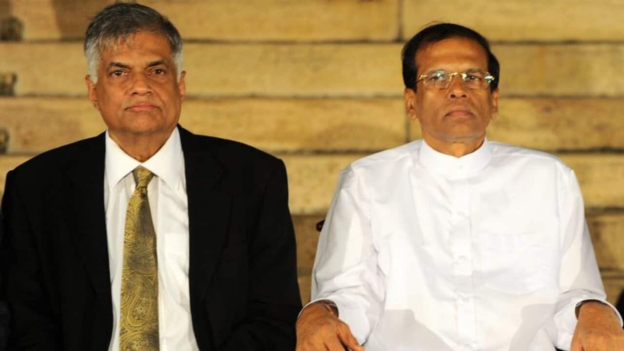 Sri Lankan President Maithripala Sirisena (R) and Sri Lankan Prime Minister Ranil Wickremasinghe (L)