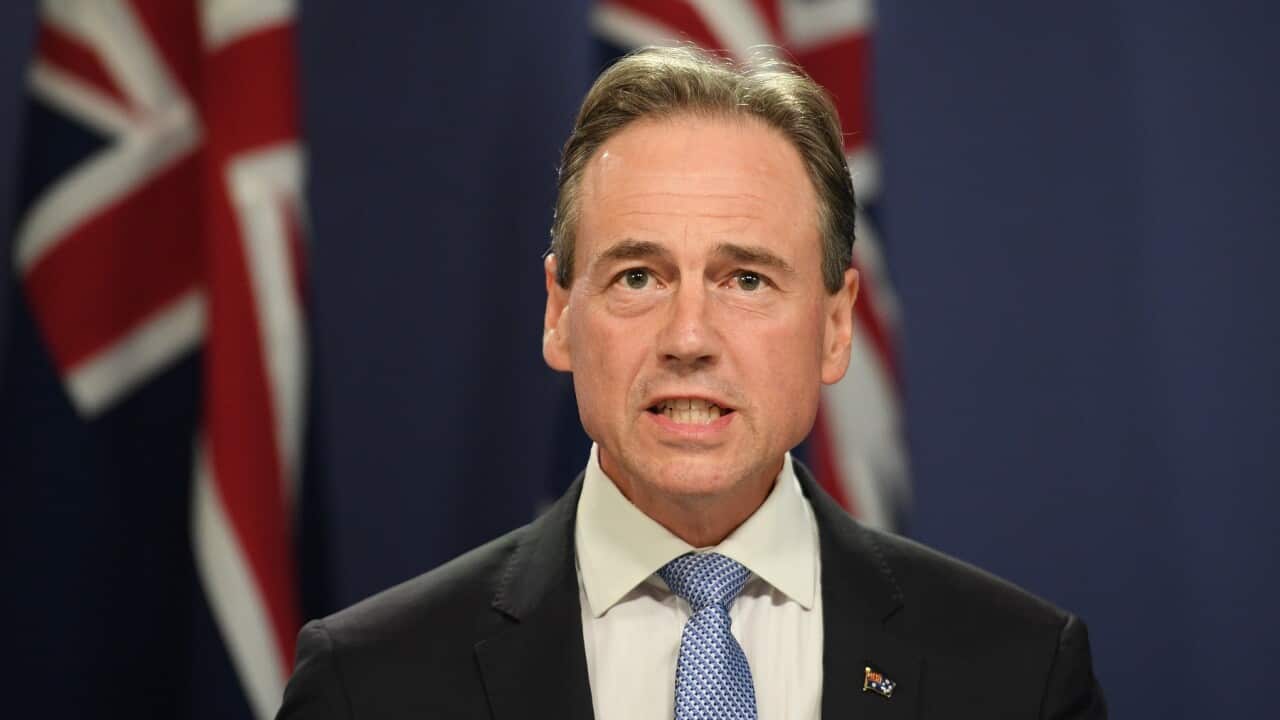 Federal Minister for Health Greg Hunt delivers an update of the COVID-19 vaccination program during a press conference in Sydney, Tuesday, March 2, 2021. (AAP Image/Dean Lewins) NO ARCHIVING