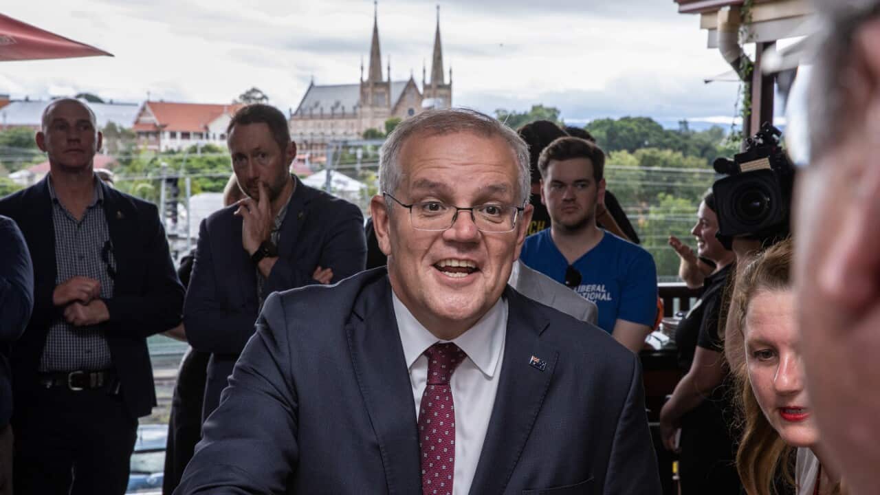 Australian Prime Minister Scott Morrison during a visit to the Fourthchild Cafe Restaurant on Day 36 of the 2022 federal election campaign, in Ipswich, in the electoral division of Blair, Monday, May 16 2022.