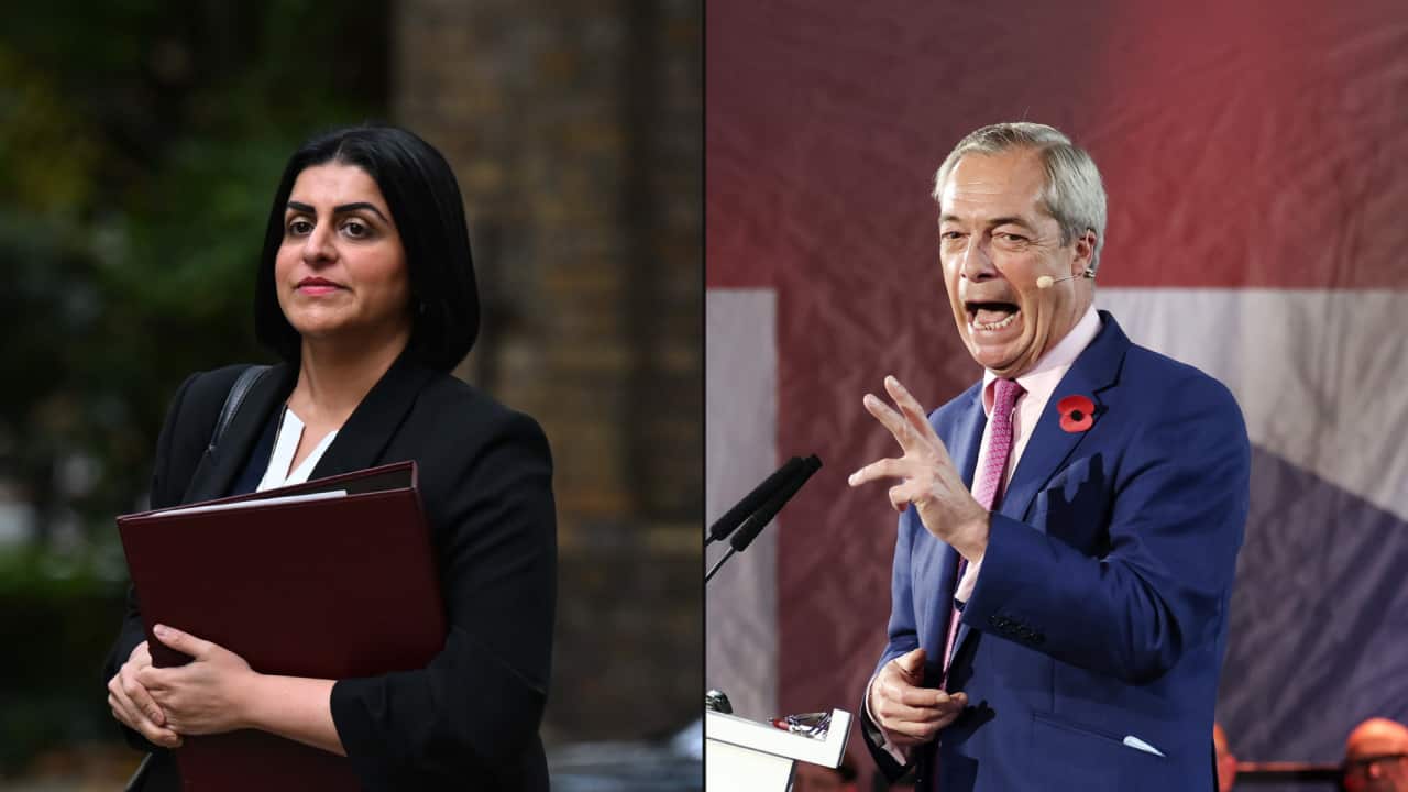 A split image showing Labour's Shabana Mahmood (left) holding a folder and Reform UK's Nigel Farage (right) speaking at a podium while gesturing with his right hand.