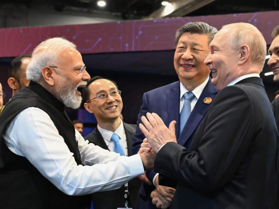 INDIA, NEW DELHI - SEPTEMBER 12, 2026: India's Prime Minister Narendra Modi, China's President Xi Jinping, and Russia's President Vladimir Putin (L-R front) at the 18th BRICS Summit.