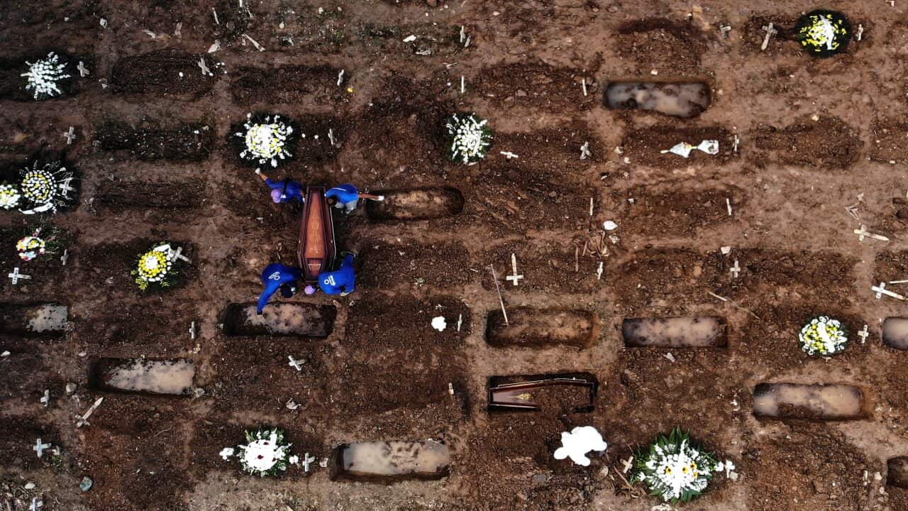 A photograph taken with a drone of a burial of a person who died of COVID-19, in the Caju cemetery, in the northern area of Rio de Janeiro.