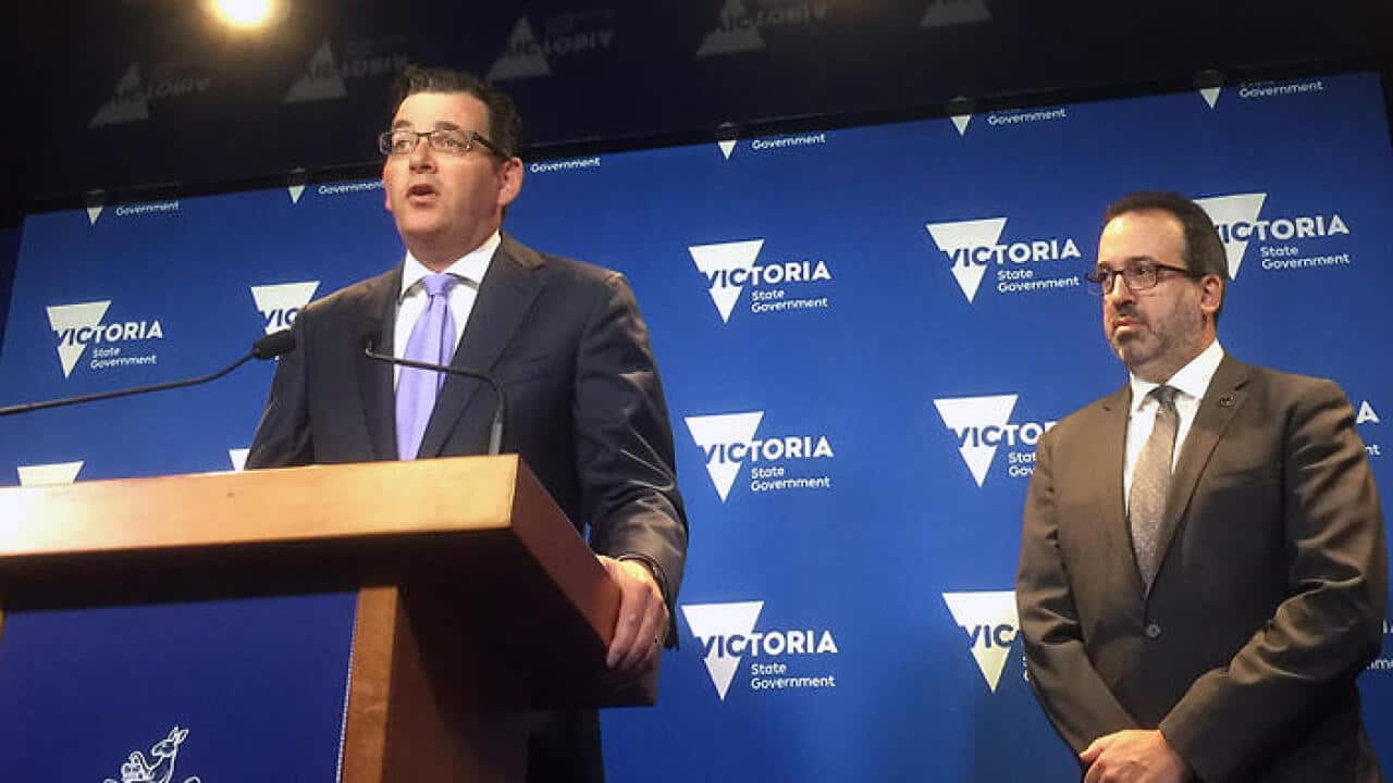 Victorian Premier Daniel Andrews (left) and Attorney-General Martin Pakula speak to the media in Melbourne