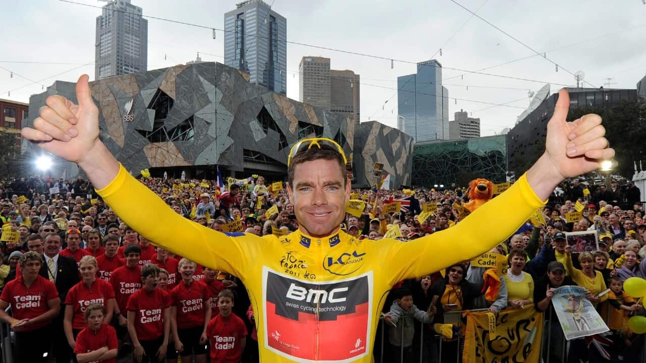 Cadel Evans celebrates his Tour de France triumph back in Federation Square, Melbourne