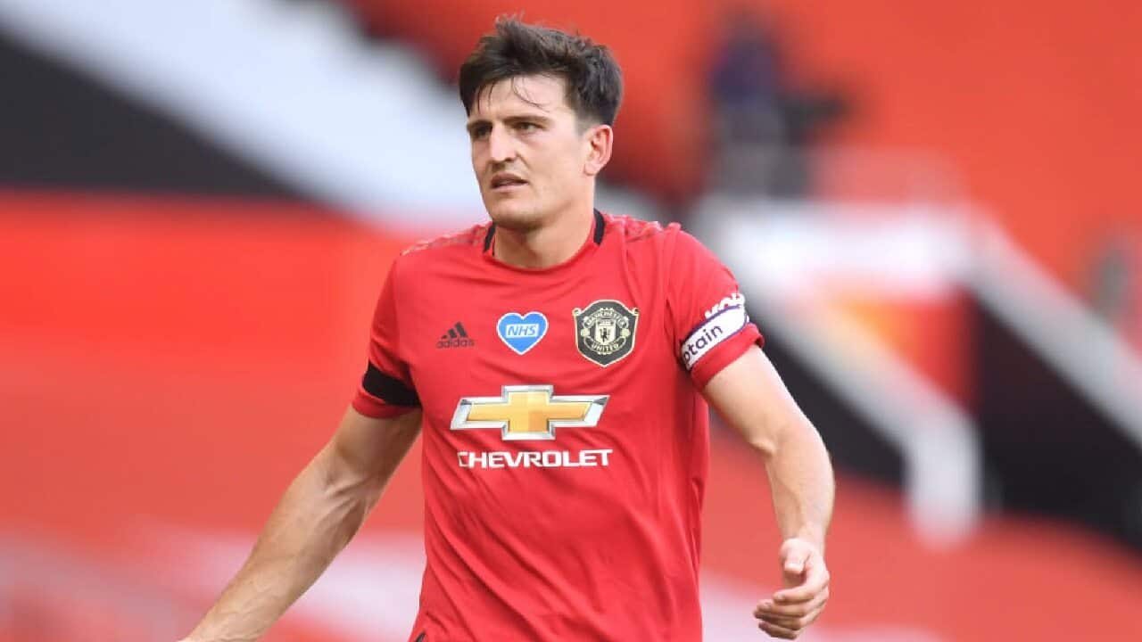 Harry Maguire reacts during a Manchester United match