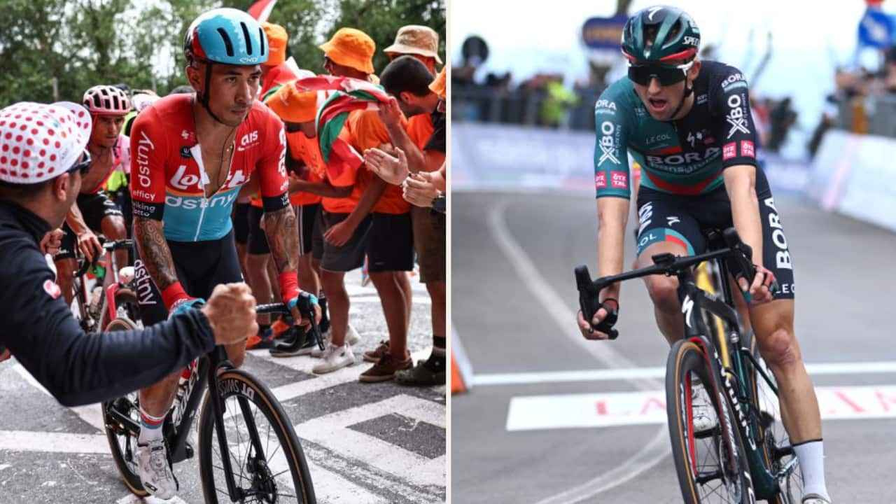 Lotto-Dstny's Caleb Ewan (L) and compatriot Jai Hindley of BORA-Hansgrohe