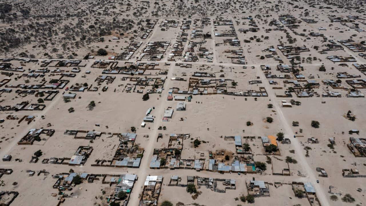 View of the "Refugio Santa Rosa", a camp of precarious straw houses and tents where thousands of climate refugees are now forced to live.