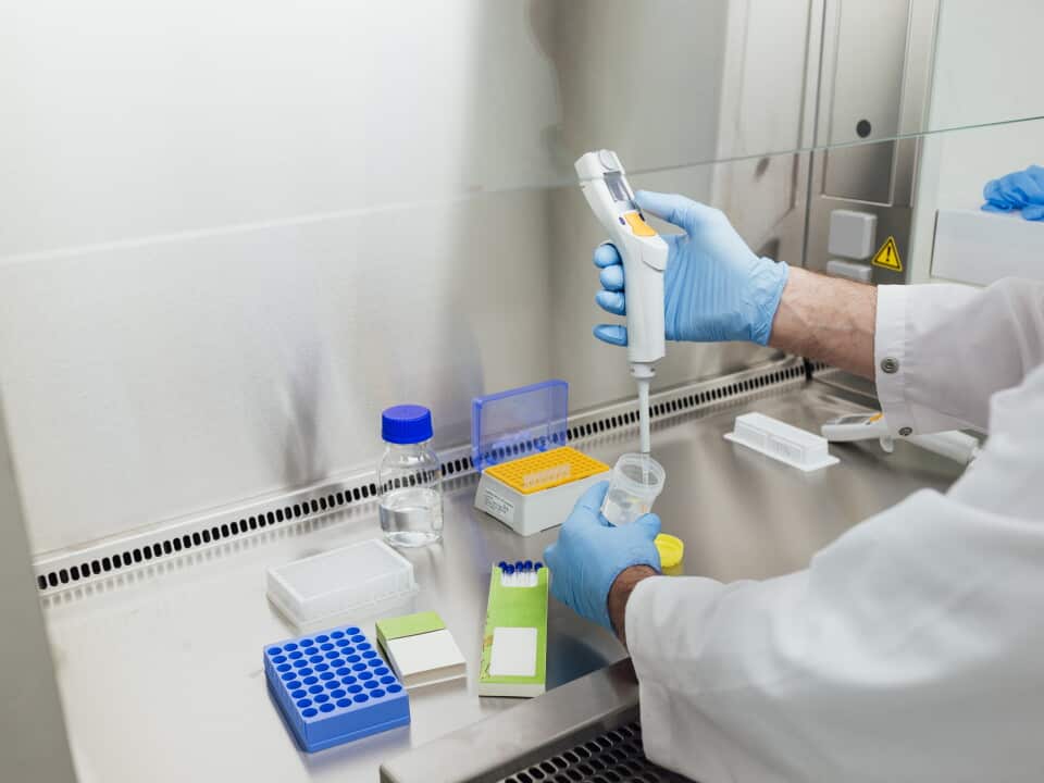 A laboratory worker wearing blue gloves and a white lab coat uses a pipette to transfer liquid into a plastic container inside a biosafety cabinet. Laboratory equipment, including sample tubes, racks and reagent containers, is arranged on the stainless steel work surface.