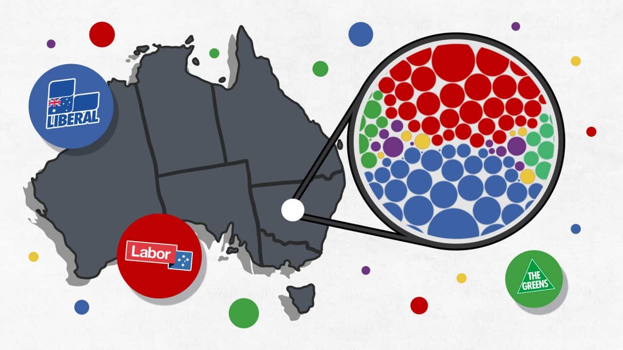 A map of Australia with an artistic impression of a bubble showing how people vote.