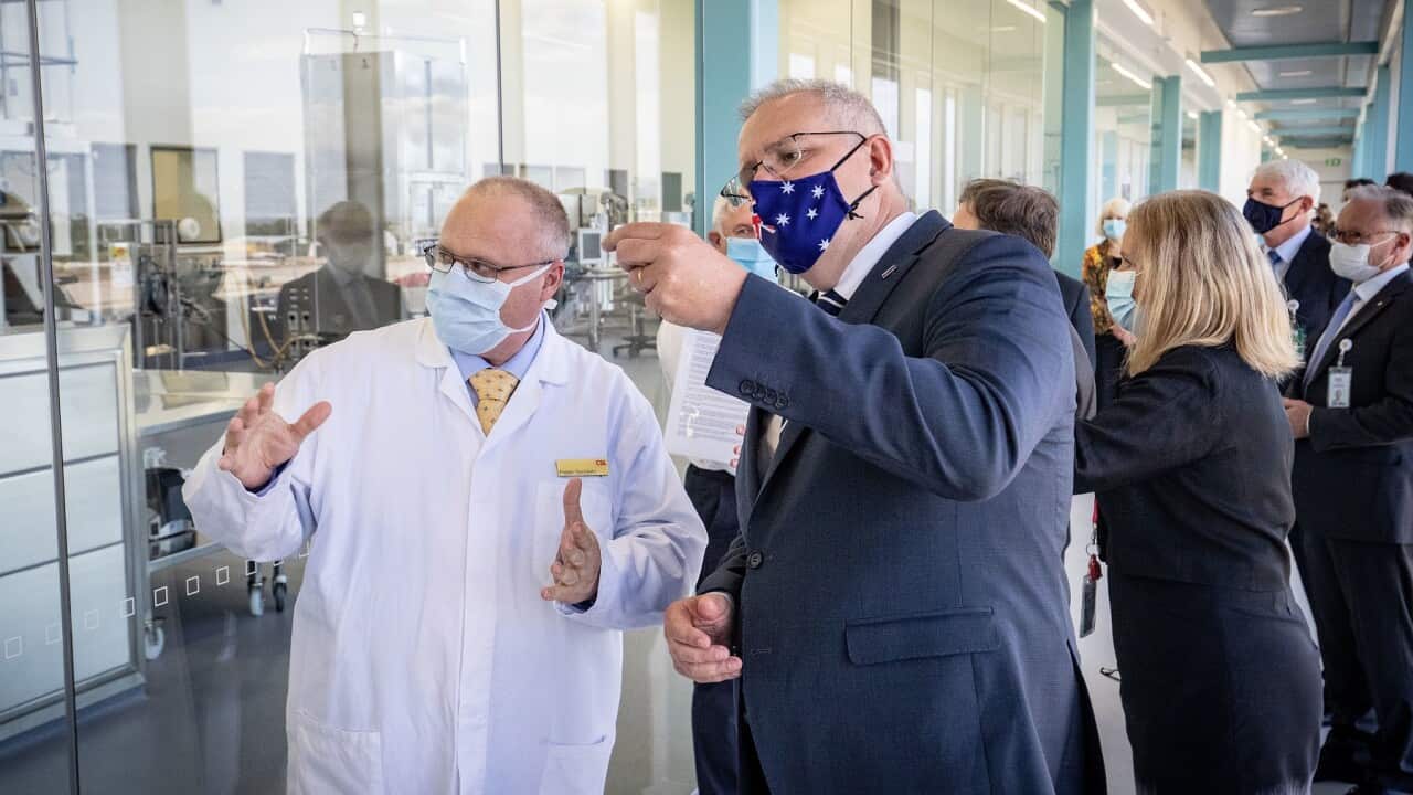 Prime Minister Scott Morrison is shown the CSL Lab where a COVID-19 Vaccine is being produced, Melbourne