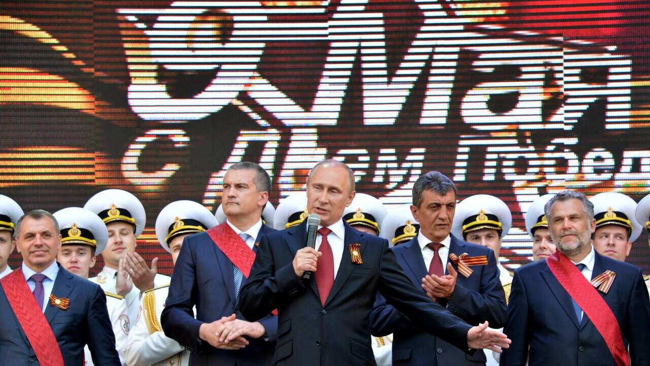 Russian President Vladimir Putin speaks during his visit to the Crimean port of Sevastopol
