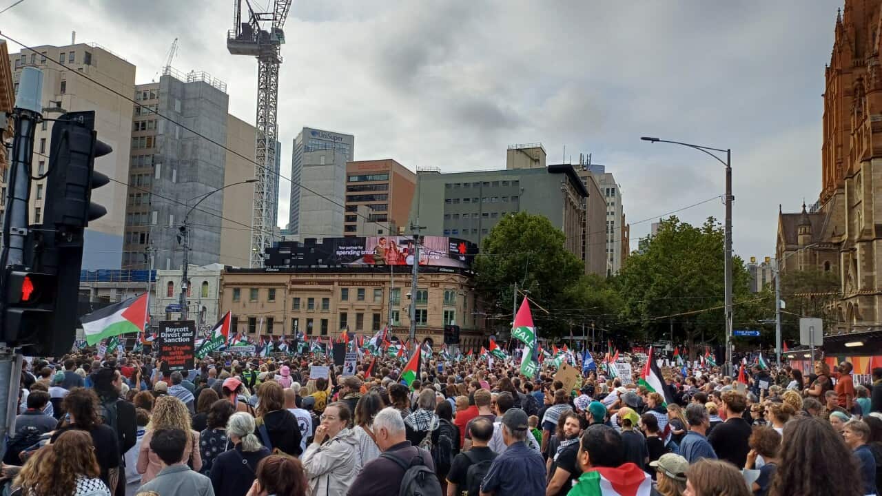A large crowd of people gathered in an urban intersection carries Palestinian flags and protest signs, set against a backdrop of city buildings and a construction crane under an overcast sky.