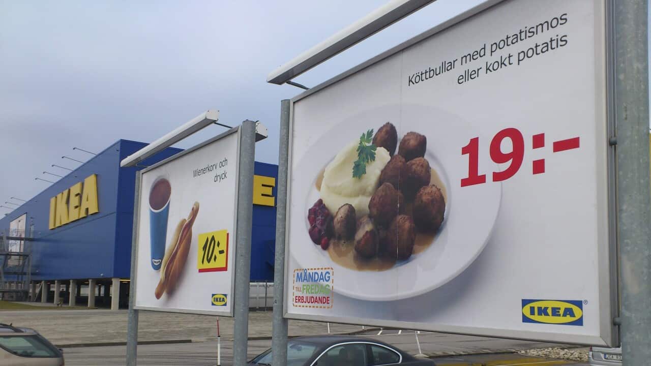 Advertising for Ikea meat balls in an Ikea store car park, in Malmo, Sweden, 25 February 2013.