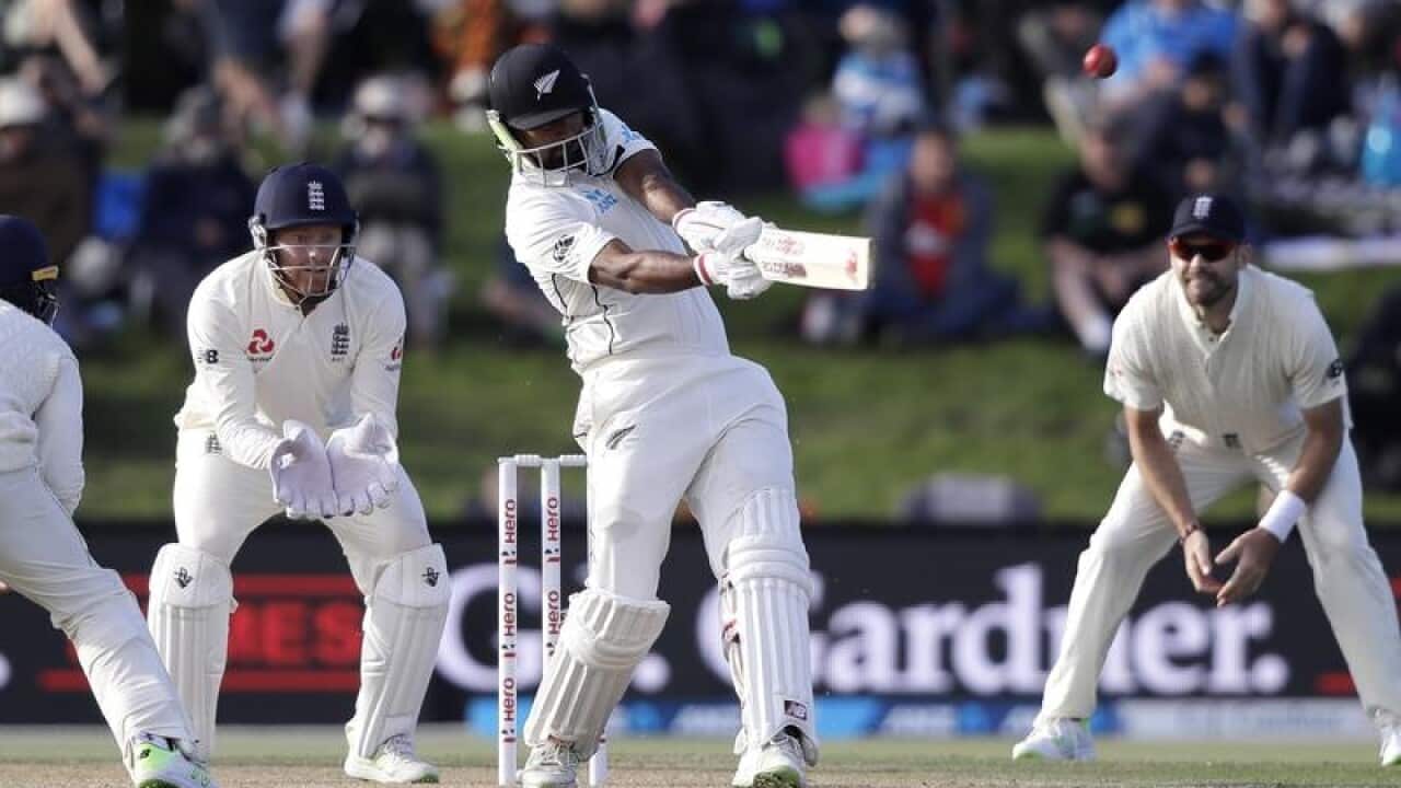 New Zealand's Ish Sodhi hits the ball against England.