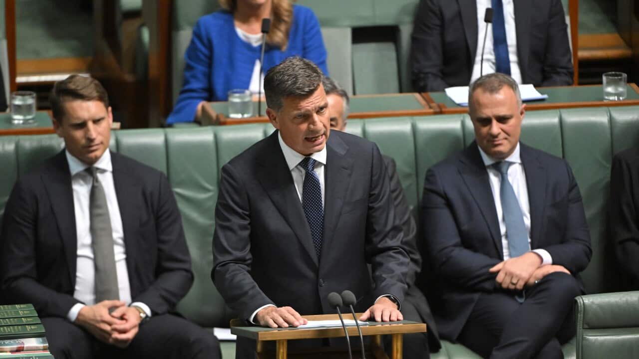Angus Taylor delivering budget reply speech.