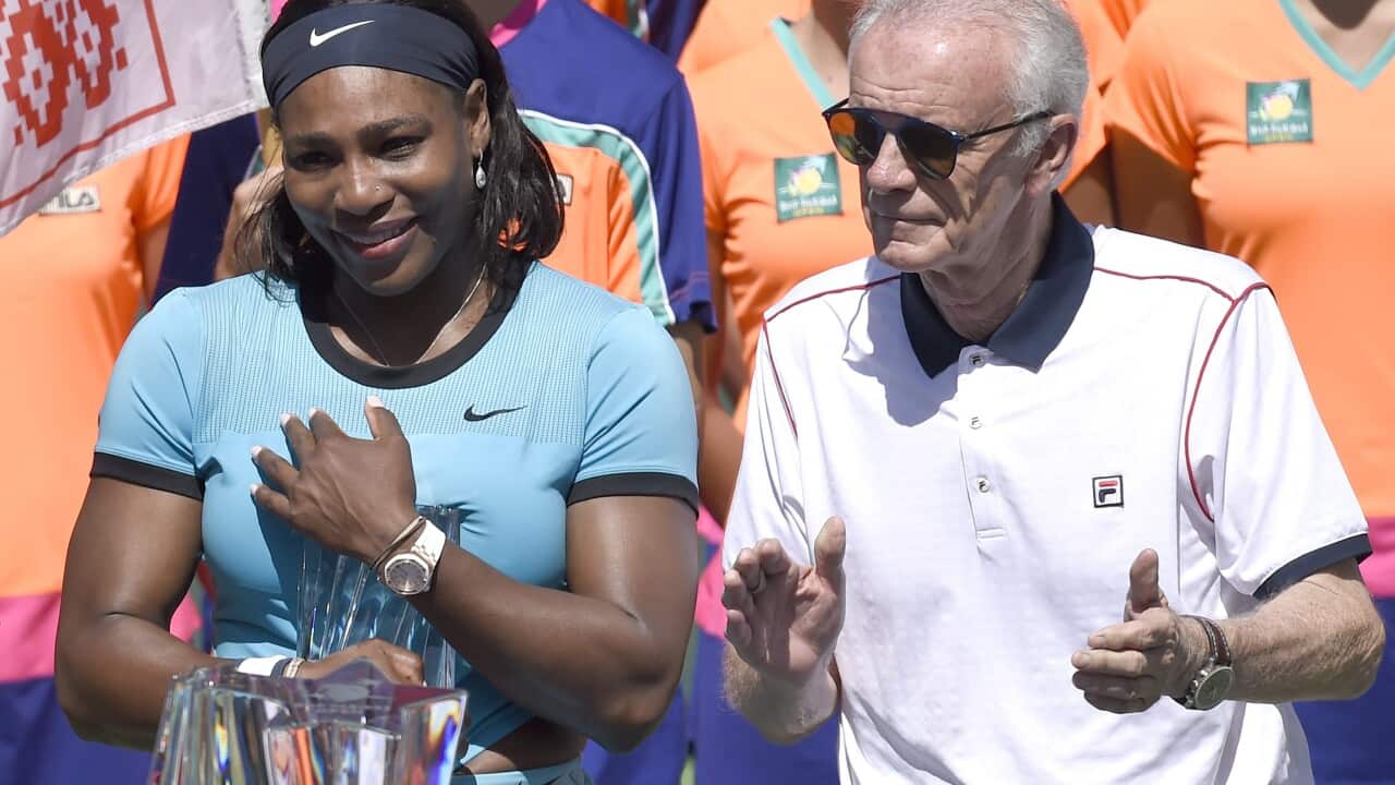 US tennis player Serena Williams stands with Raymond Moore, Indian Wells CEO.