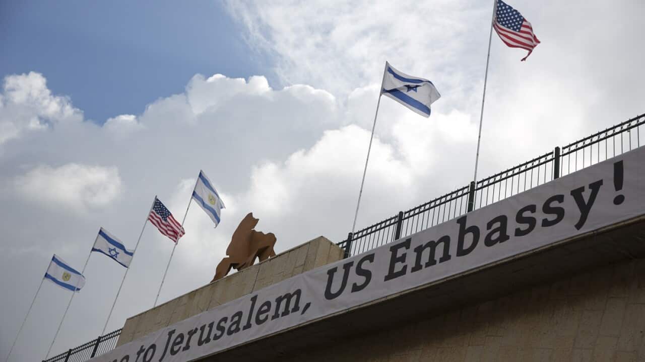 A sign on a bridge leading to the US Embassy compound ahead the official opening in Jerusalem.