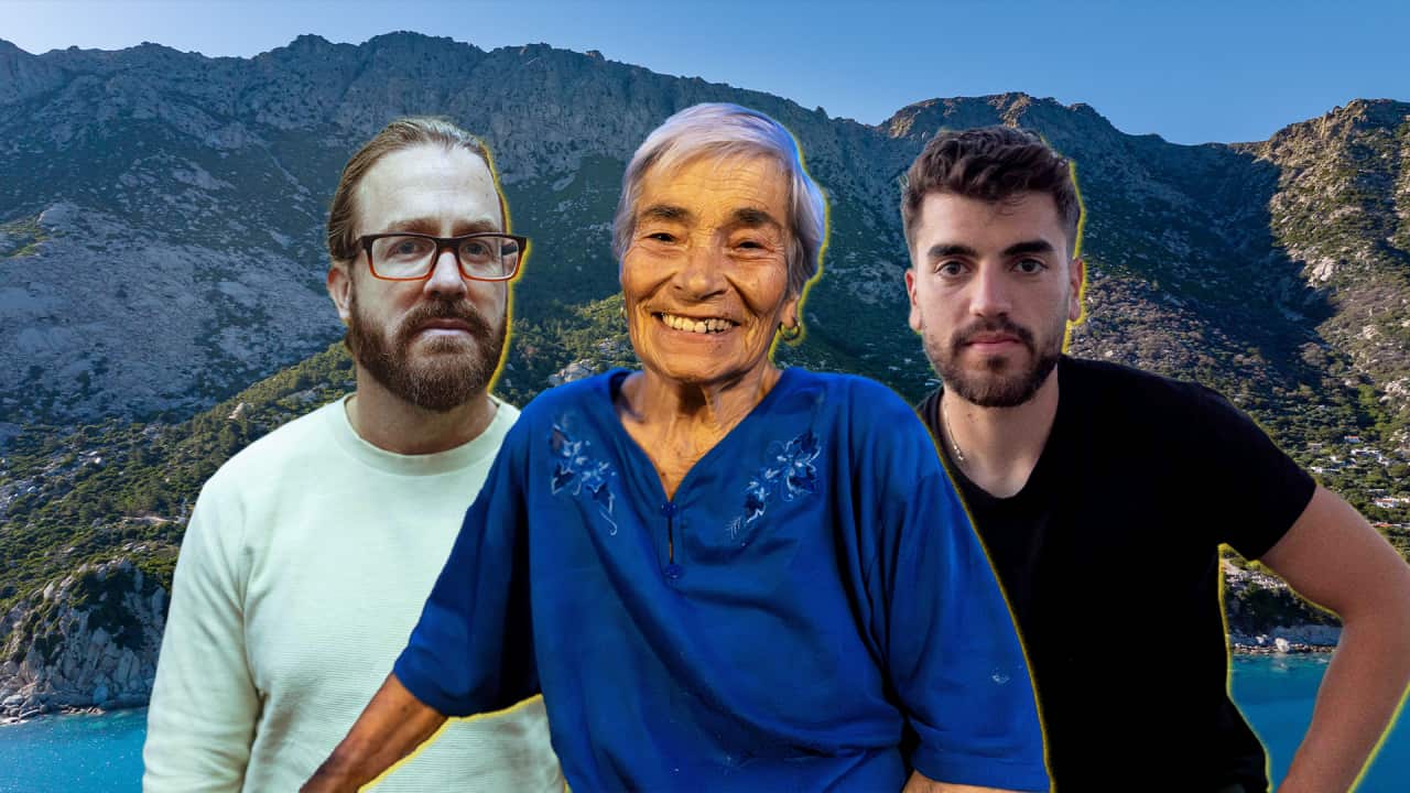 Three people are outlined in yellow in the centre of an image. The first is a man with glasses, with a neutral facial expression. In the middle is a smiling elderly woman with short hair and a bright blue shirt. On the right is a young man with a neutral facial expression. In the background is a rocky island against the sea.