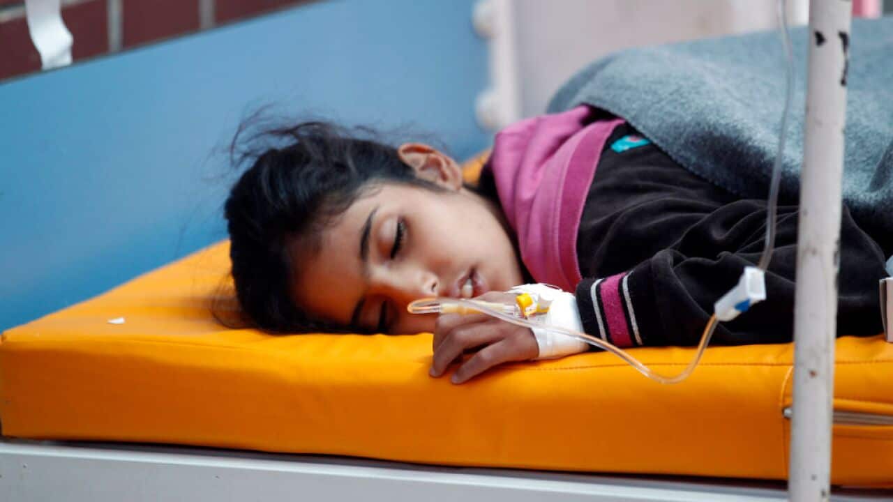 A Yemeni child, suspected of being infected with cholera, receives treatment at a hospital in Sanaa.