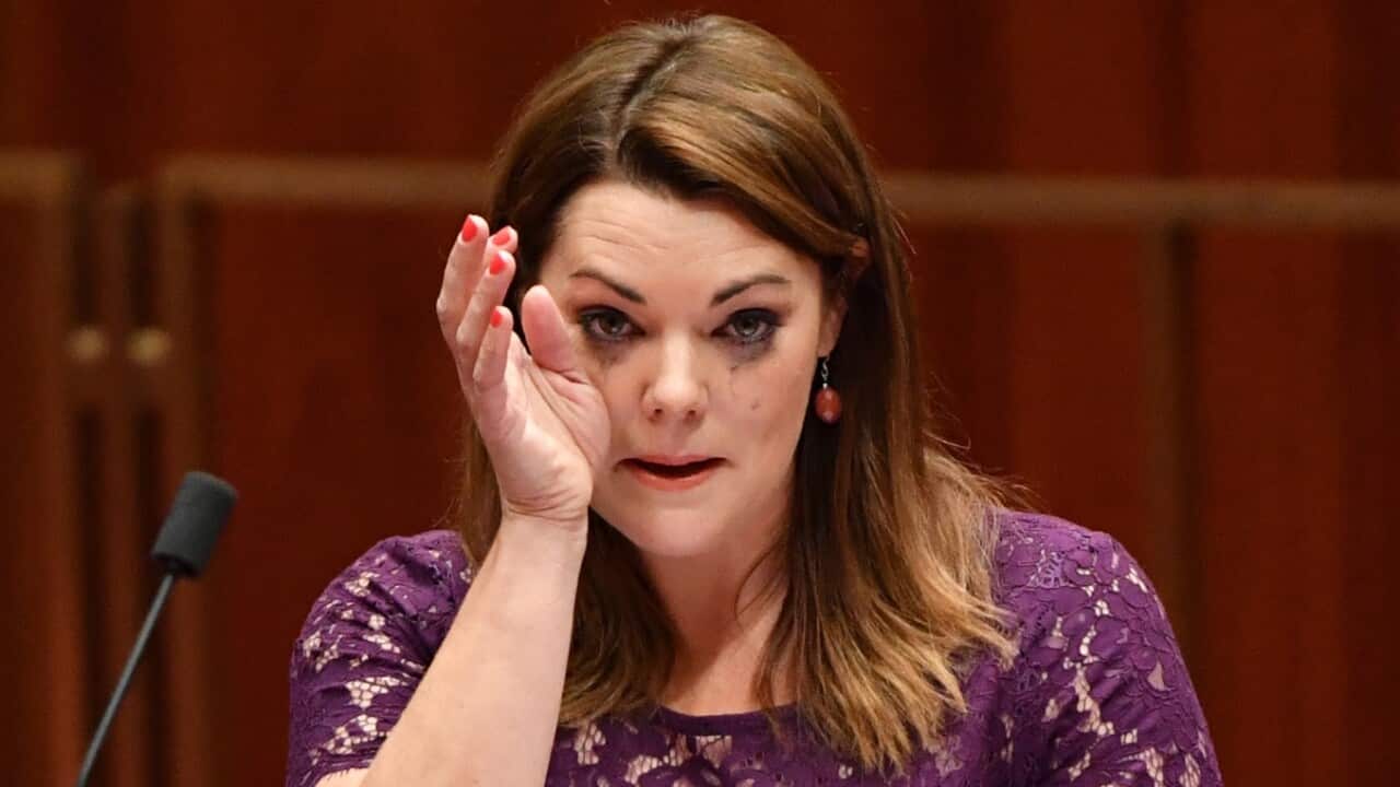 Greens Senator Sarah Hanson-Young cries as she speaks on the same sex marriage bill in the Senate chamber at Parliament House in Canberra, Monday, November 27