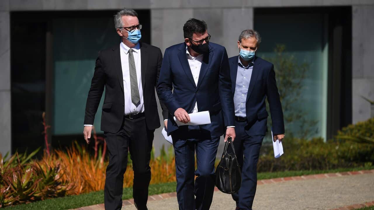 Victoria's Health Minister Martin Foley, Premier Daniel Andrews and Chief Health Officer Brett Sutton
