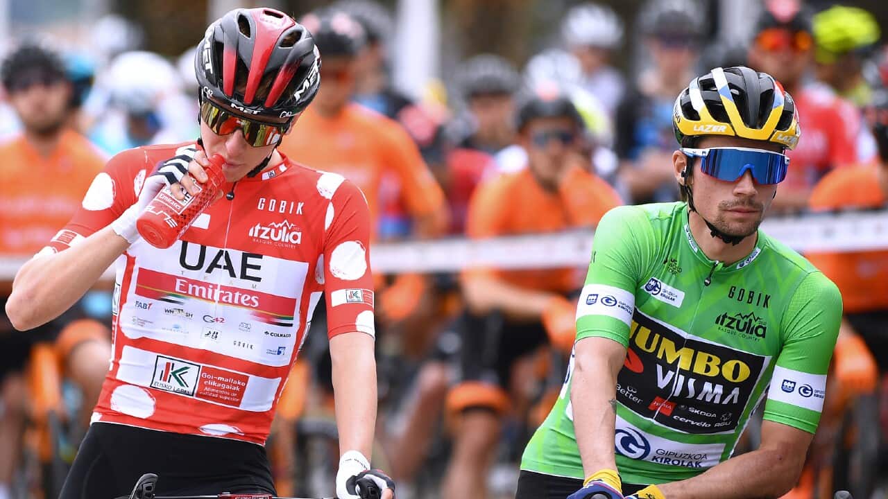 Tadej Pogacar of UAE Team Emirates and Primoz Roglic of Team Jumbo - Visma