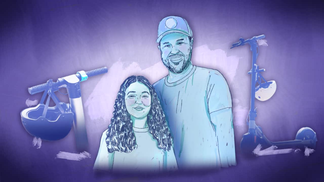An illustration in blue and purple of a 13-year-old girl with long curly hair and her middle-aged dad, wearing a t-shirt and cap, surrounded by e-scooters.