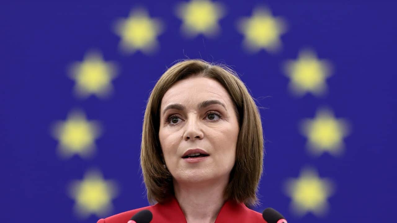 A woman speaks at a press conference with a European Union flag in the background